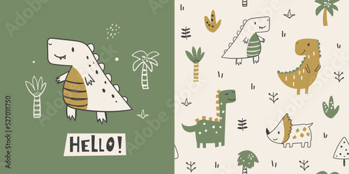 Сhildish pattern with cute dinosaur, baby shower greeting card. Animal seamless background, cute vector texture for kids bedding, fabric, wallpaper, wrapping paper, textile, t-shirt print © Colorlife