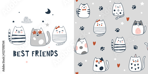 Сhildish pattern with cute cats, kids print. Animal seamless background, cute vector texture for kids bedding, fabric, wallpaper, wrapping paper, textile, t-shirt print