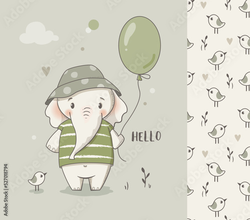 Cute elephant baby boy card and seamless pattern. Kids wear print, baby shower greeting card, invitation template.