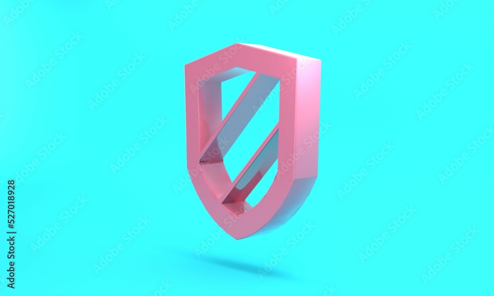 Pink Shield icon isolated on turquoise blue background. Guard sign. Security, safety, protection, privacy concept. Minimalism concept. 3D render illustration Pink Shield icon isolated on turquoise blue background. Guard sign. Security, safety, protection, privacy concept. Minimalism concept. 3D render illustration
