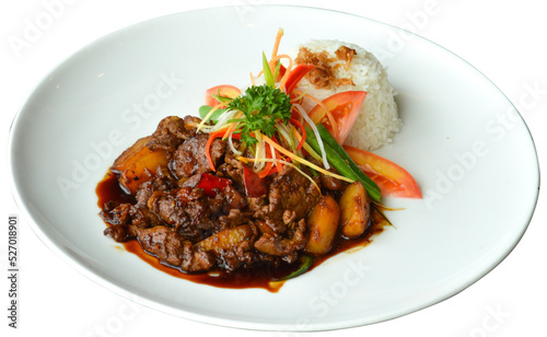 Chicken Semur with rice and vegetables on transparent background