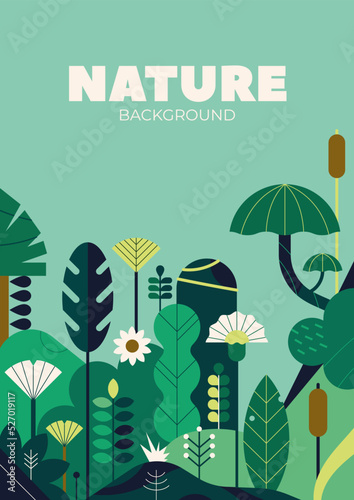 Nature and landscape. Flat vector illustration with plants, trees and flowers. Visual for poster, postcard or cover.