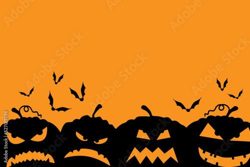 Jack o' lanterns, carved Halloween pumpkins on orange background with bats.