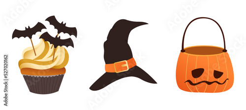 Happy Halloween scary elements collection. Vector holiday set of spooky cartoon illustrations. Trick or treat design concept. Pumpkin, hat, cupcake, ghost, bat isolated on background