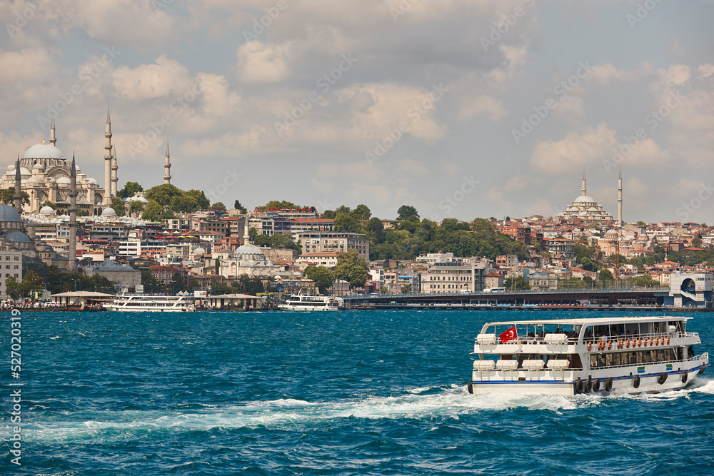 Bosphorus strait and Galata bridge. Soliman mosque in Istanbul. Turkey
