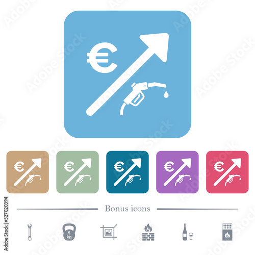 Rising fuel european Euro prices flat icons on color rounded square backgrounds