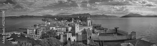 Sirmione black and white top view. Black and white panorama of sirmione city on lake garda aerial view.