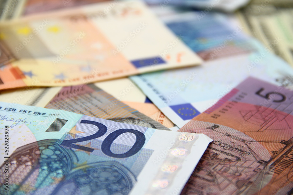 European Euro and American Dollar paper money.