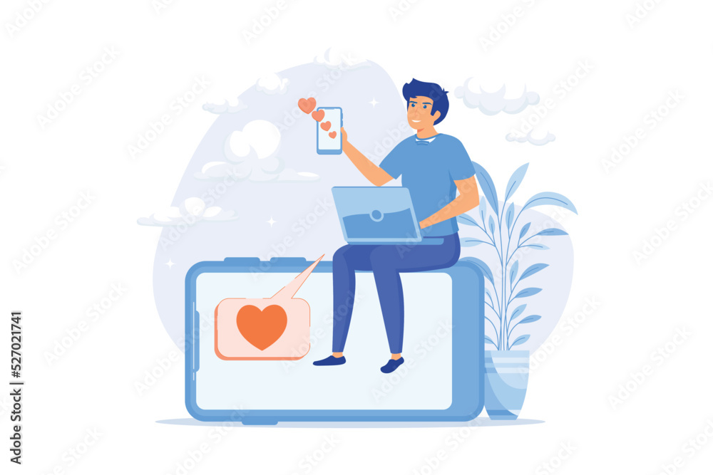 Liking photos. Man cartoon character putting likes on photos on social media page. Add to favourite. Dating website, application, chatting. flat vector modern illustration
