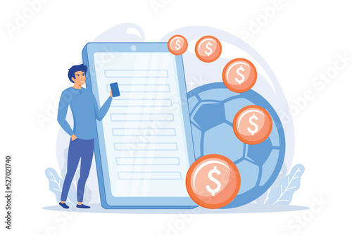 Man with smartphone, gambler placing football bets. Mobile gambling addiction, sports betting application, soccer match results prediction. flat vector modern illustration