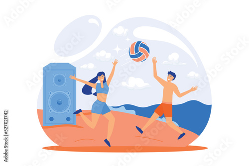 Beach party. Summer vacation activities. Young people playing volleyball on sandy coast and listening to music. Sport, tropical, summertime. Ball game.