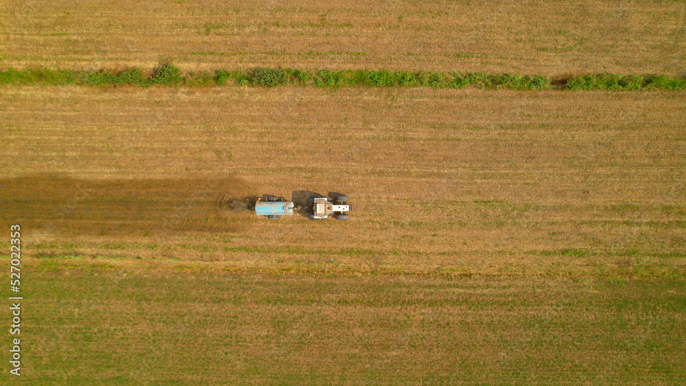 AERIAL, TOP DOWN: Farm tractor spreading manure on arable land in autumn season - obrazy, fototapety, plakaty 