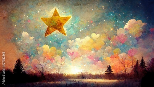 big beautiful star at the sky, children book illustration with colorful sky