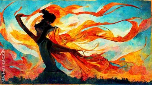 woman dancing alone at sunset, dance contest poster illustration, spain style