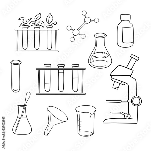 Monochrome large set of icons, chemical and biological experiments with a microscope, vector cartoon