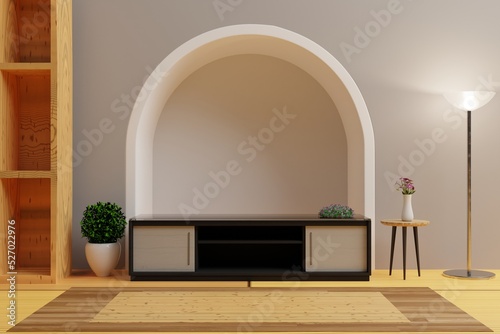 Luxury home interior with table plant and a tv cabinet 3d rendering
