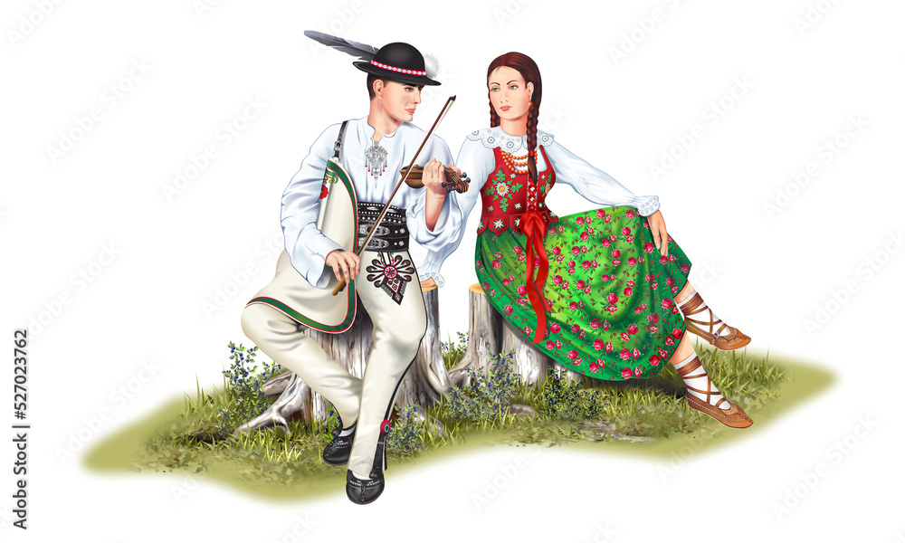 Zakopane Poland. Polish Highlanders Couple in Traditional Costumes PNG Isolated Illustration. - obrazy, fototapety, plakaty 