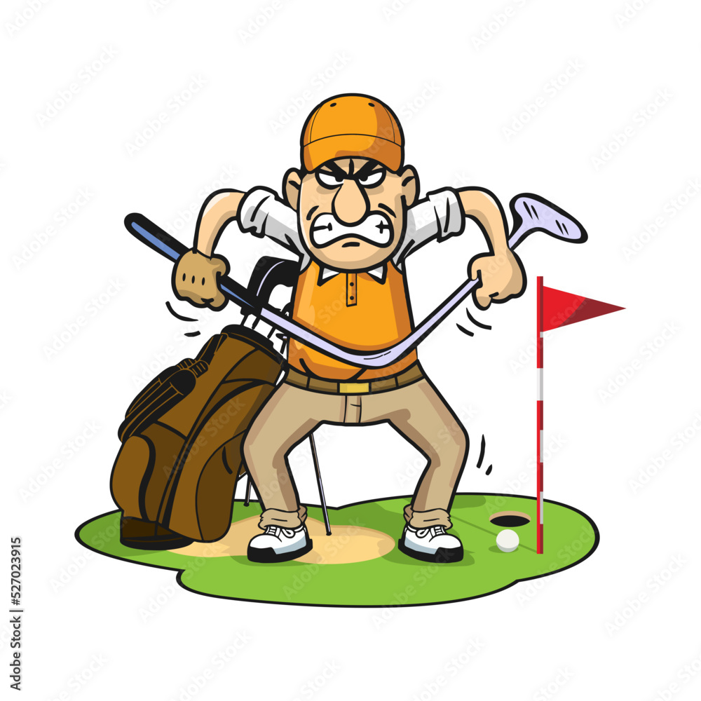 Cartoon style vector illustration of a frustrated caucasian male golfer