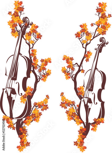 violin instrument among autumn maple tree branches - fall season outdoor classical music concert vector design set