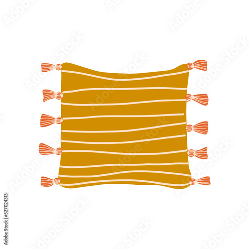 Cozy yellow decorative pillow with tassels. Comfy home decor. Modern interior in Scandinavian style. Vector illustration isolated on white.