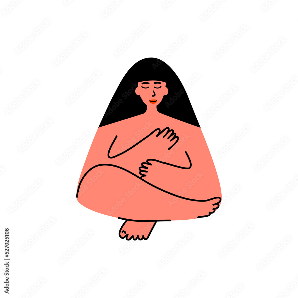 Funny woman pose. Pink flat illustration with black outlines
