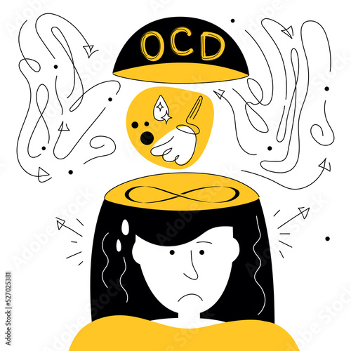 Obsessive compulsive disordeyr Symptoms, intrusive thoughts, fear and neurosis for wash and clean, has panic attack. Vector illustration syndrome OCD of human.