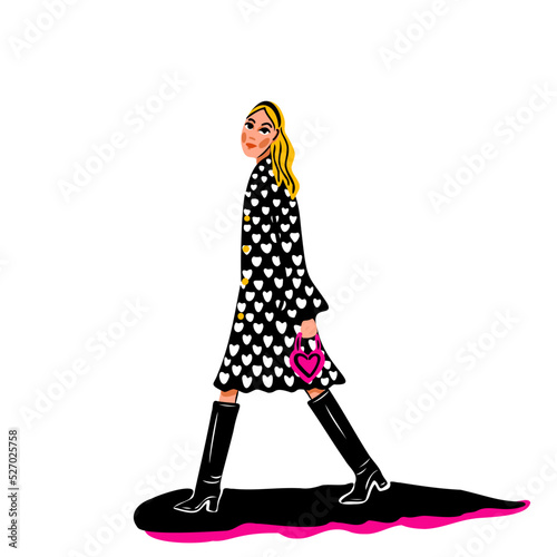 Illustration of a girl in a heart-print coat and black boots, isolated on a white background. Creative fashion illustration. Young woman in stylish clothes.