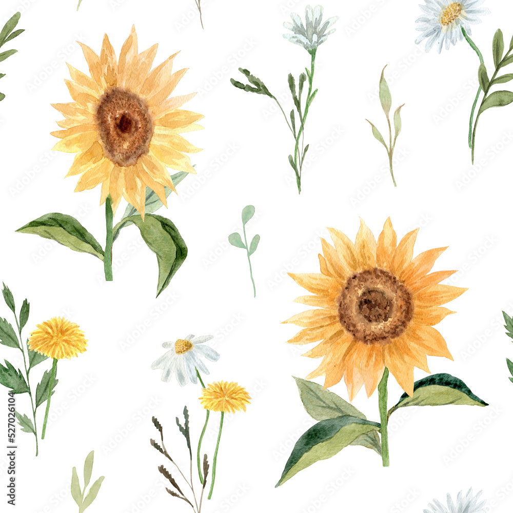 Seamless pattern. Hand drawn watercolor sunflower flower. Hand painted illustration on green background. Summer sunflowers design for textile, card, fabric, wrapping paper, cloth, cover, template. Seamless pattern. Hand drawn watercolor sunflower flower. Hand painted illustration on green background. Summer sunflowers design for textile, card, fabric, wrapping paper, cloth, cover, template.
