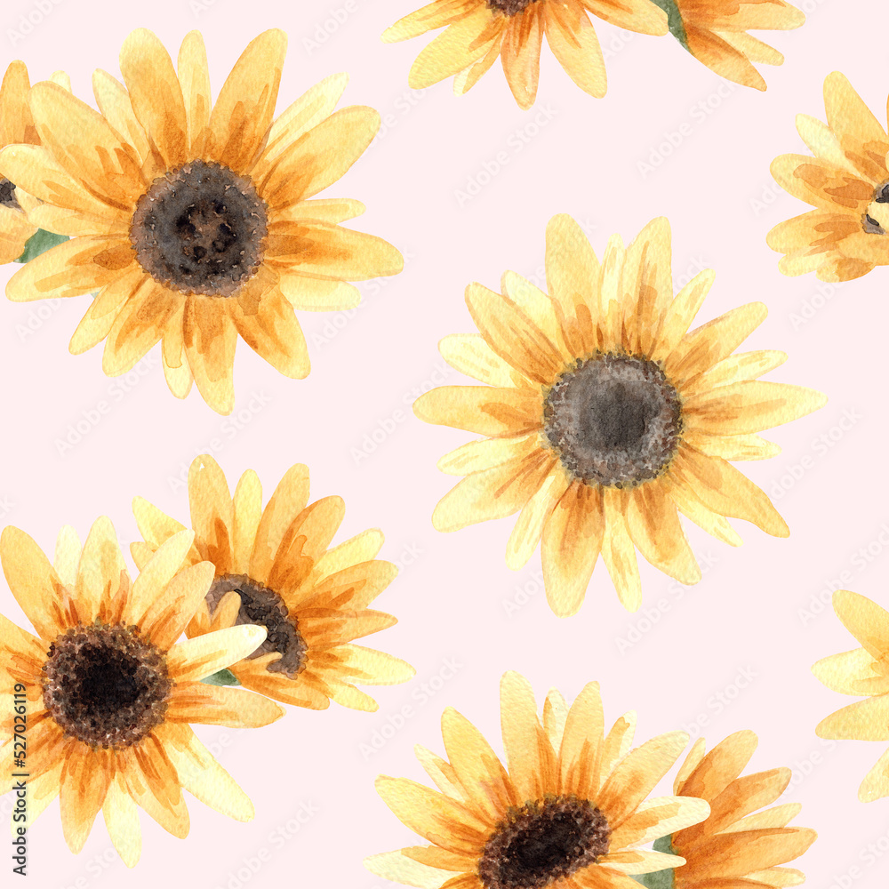 Seamless pattern. Hand drawn watercolor sunflower flower. Hand painted illustration on green background. Summer sunflowers design for textile, card, fabric, wrapping paper, cloth, cover, template. Seamless pattern. Hand drawn watercolor sunflower flower. Hand painted illustration on green background. Summer sunflowers design for textile, card, fabric, wrapping paper, cloth, cover, template.