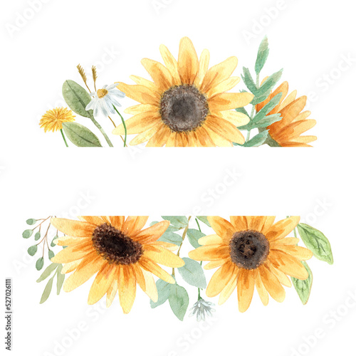 Hand drawn watercolor sunflower flower. Hand painted illustration isolated on white background. Summer sunflowers design logo, wedding decor, floral decoration, textile, tattoo, icon, card, fabric.