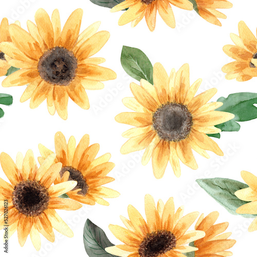 Seamless pattern. Hand drawn watercolor sunflower flower. Hand painted illustration on green background. Summer sunflowers design for textile, card, fabric, wrapping paper, cloth, cover, template. © Anastasia