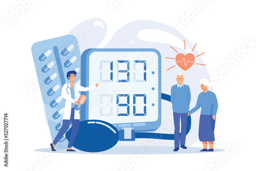 Doctor, elderly couple at tonometer hight blood pressure, tiny people. High blood pressure, hypertension disease, blood pressure control concept.