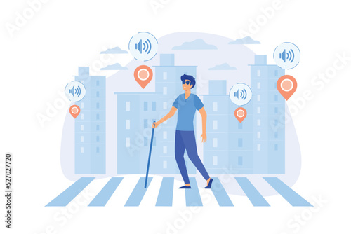 A blind man crossing the street with smart tags and voice notifications around. Barrier-free convenient environment as IoT and smart city concept.