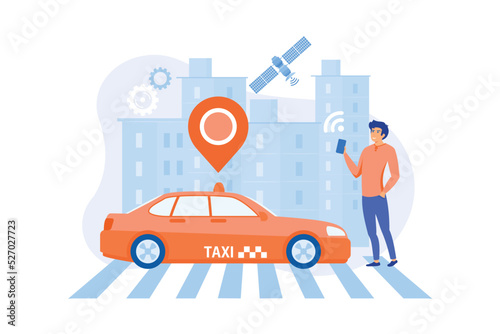 Businessman with smartphone taking driverless taxi with sensors and location pin. Autonomous taxi, self-driving taxi, on-demand car service concept.