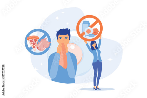 Man having food allergy symptoms to products like fish, milk and eggs. Food allergy, food alergen ingredient, allergy risk factor concept.flat vector modern illustration