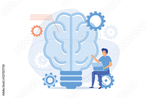 Human brain with gears thinking and users. Creating ideas and thoughts, brainstorming, creativity and business ideas, thinking and invention concept