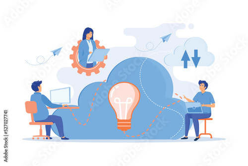 Coworking team of users connected by cloud computing and light bulb. Online collaboration, remote business management, wireless computing service concept.