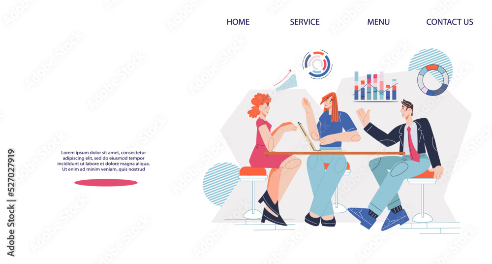 Business concept of web page banner with group of business people hold a meeting or brainstorming discussion, flat cartoon vector illustration. Website or landing page.
