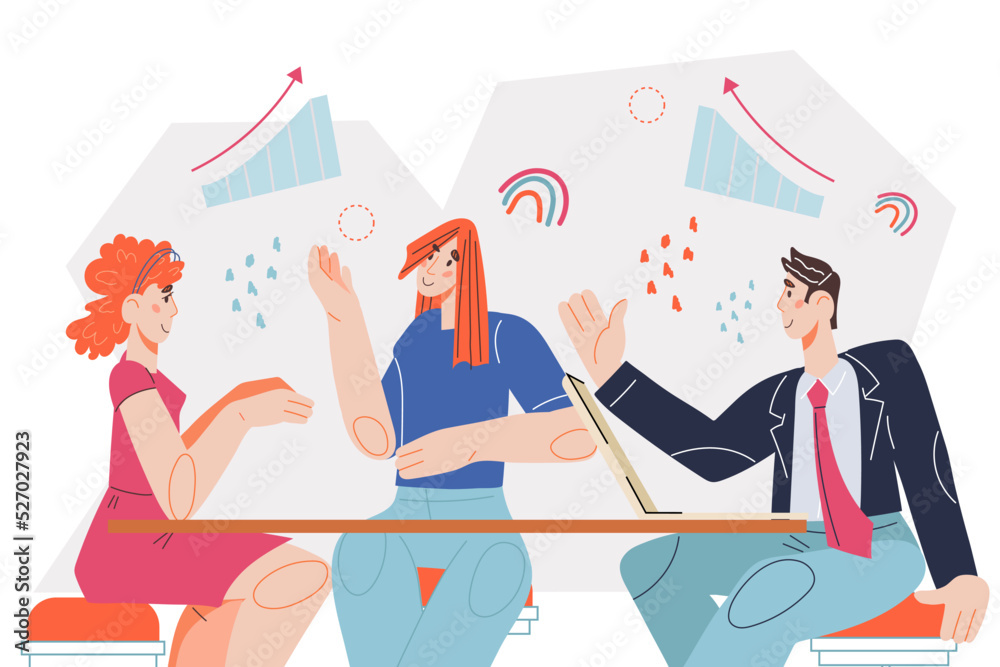 Fototapeta premium Business people hold meeting or brainstorming discussion, flat vector isolated on white background. Company effective and productive management.