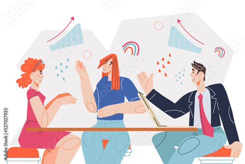 Business people hold meeting or brainstorming discussion, flat vector isolated on white background. Company effective and productive management.