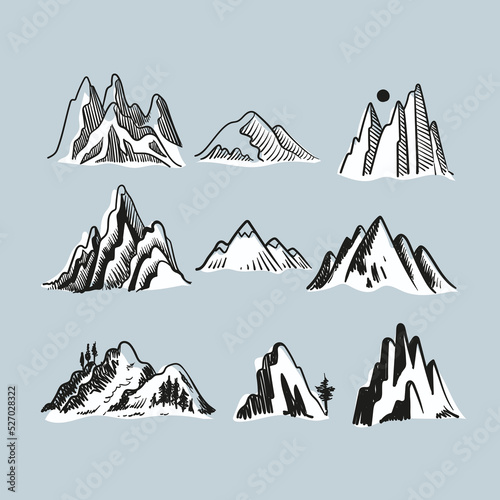 Mountains and hills. Freehand vector outline.