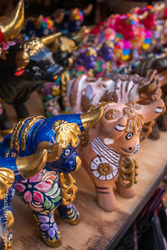 Beautiful and colorful bulls of Pucara the handicraft market in the city of Pisac  in Peru. 