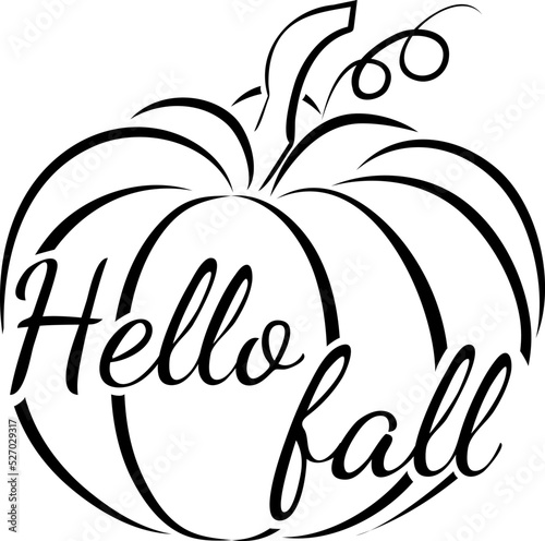 Hello autumn quote, pumpkin with leaf.
