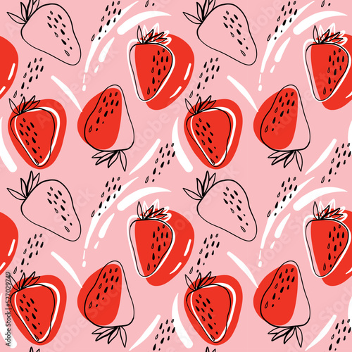 Vector bushy pattern fresh strawberry ,children's drawing. Strawberry lemonade.
Strawberry abstract hand drawn doodle style seamless pattern on pink background for typography, textile.
