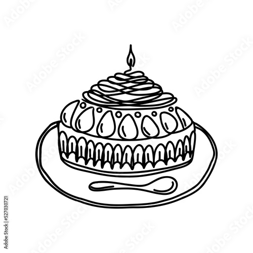 Doodle candle cake. Hand Drawn tartlet doodle. Sketch style icon.  Isolated on white background. Vector illustration.
