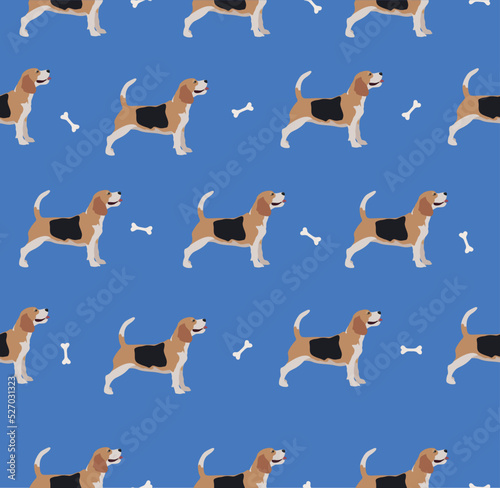 Cute cool beagle puppy seamless repeat. pattern. Vector illustration of pet behavior. Flat dog stands in full length isolated on white background. Beagles in a row.