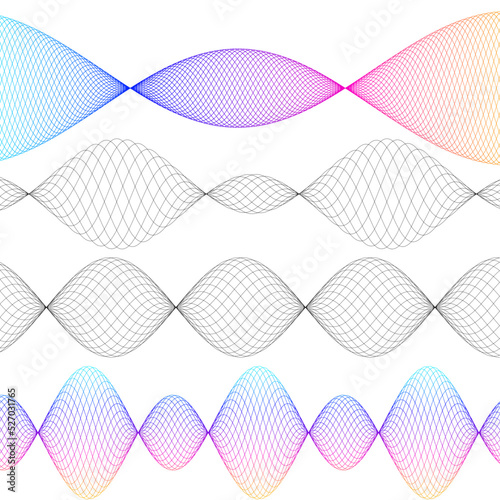 Design elements. Wave of many purple lines circle ring. Abstract vertical wavy stripes on white background isolated. Vector illustration EPS 10. Colourful waves with lines created using Blend Tool