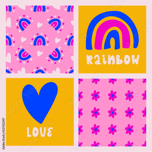 Set of hand-drawn vector illustrations with seamless patterns, hearts, rainbow, heart. Elements with hand-written text, lettering. Perfect for greeting cards, invitations, birthday, baby shower
