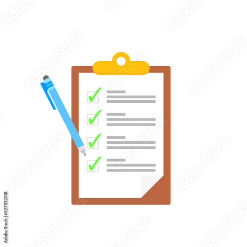 Clipboard with checklists, questionnaires, feedback, assessments and pencil icons in a simple design.