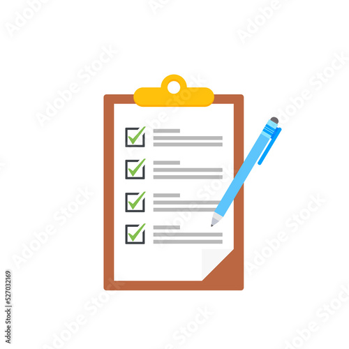 Clipboard with checklists, questionnaires, feedback, assessments and pencil icons in a simple design.